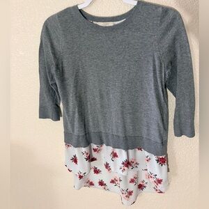 LOFT Gray Knit Top with Floral Trim Front/Back
